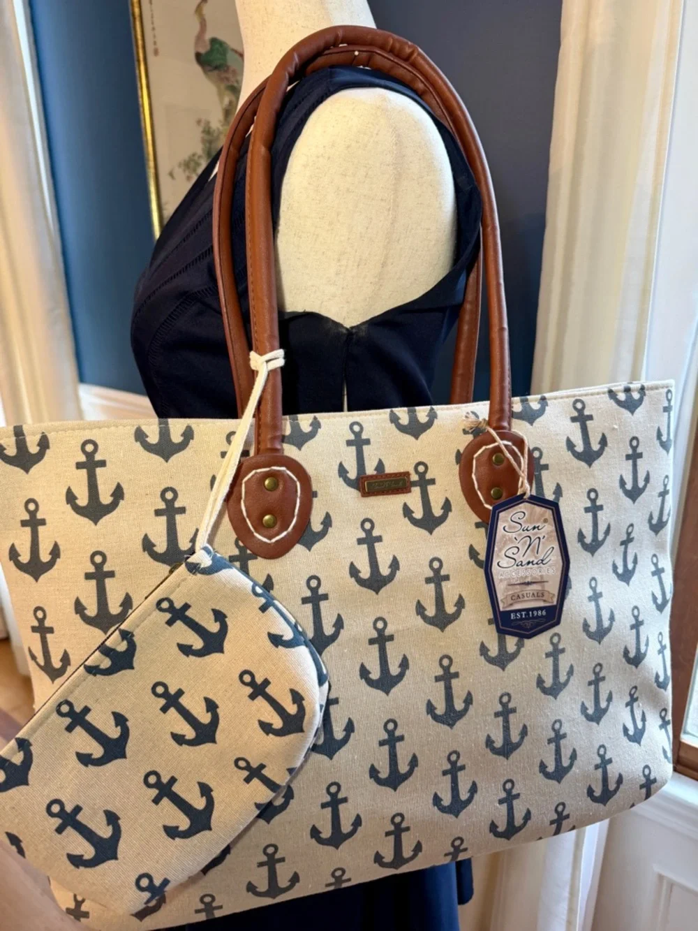 Reduced!! NWT Sun 'N' Sand Canvas Nautical Anchor Print Tote with Brown Handles - Picture 3 of 16
